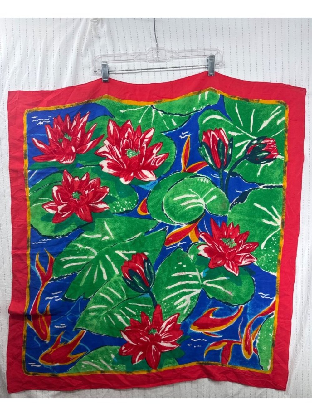 Vintage Ginnie Johansen Scarf Red Silk Lotus Flower Koi Fish Floral Square Artsy - Picture 4 of 10